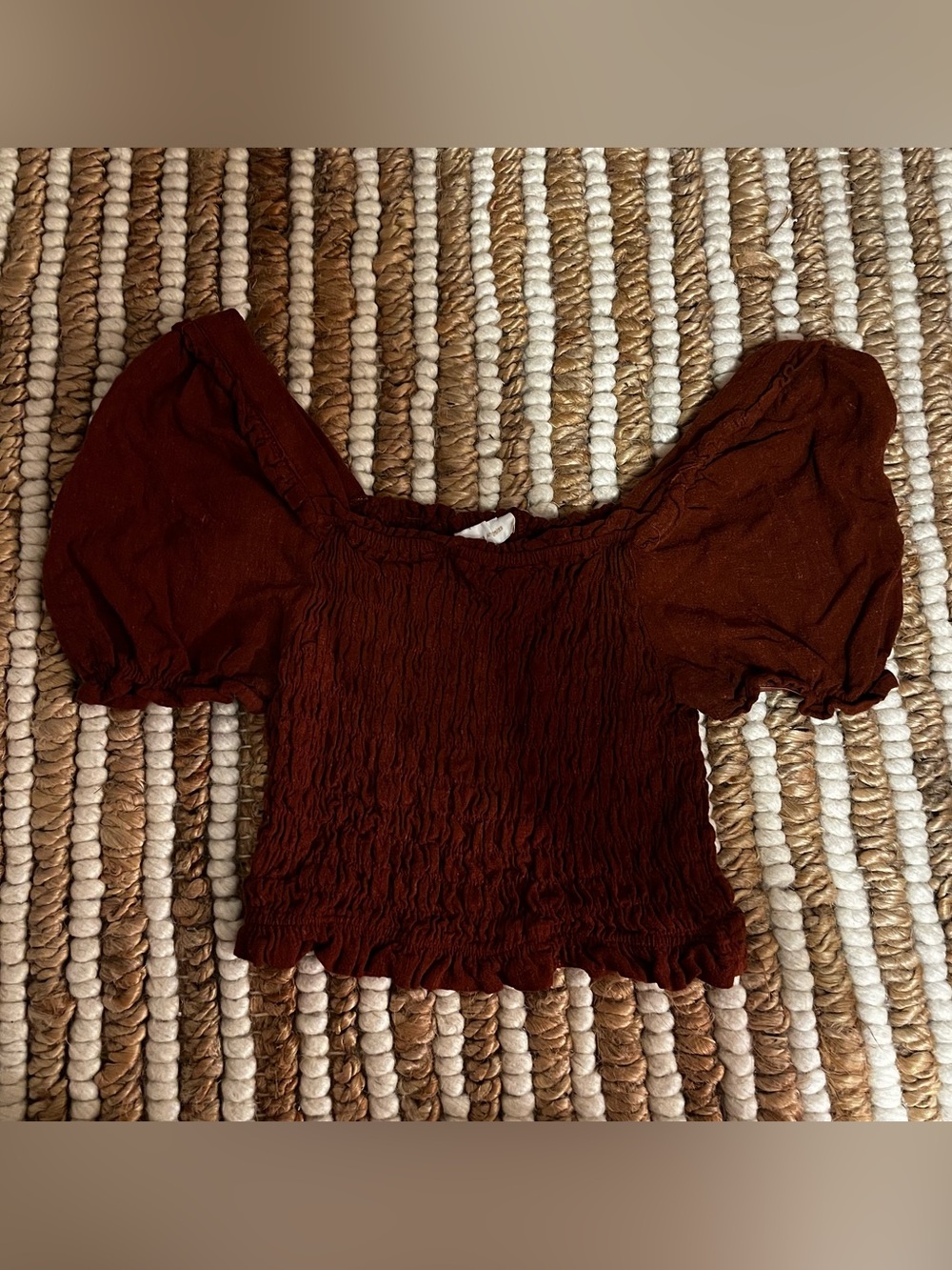 Monteau Chocolate Brown Smocked Puff-Sleeve Crop Top